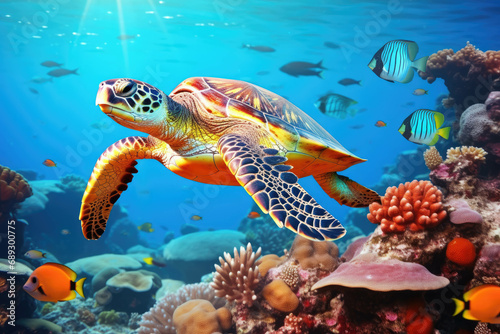 Colorful coral reef with many fishes and sea turtle © Mayava