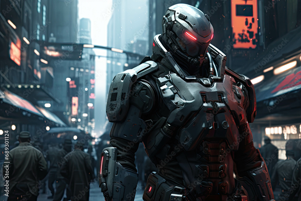 Rugged cybernetic mercenary equipped with advanced weaponry, augmented limbs, and a sleek exosuit, ready for a high risk mission in a cyberpunk city Rugged cybernetic mercenary equipped with advanced weaponry, augmented limbs, and a sleek exosuit, ready for a high risk mission in a cyberpunk city
