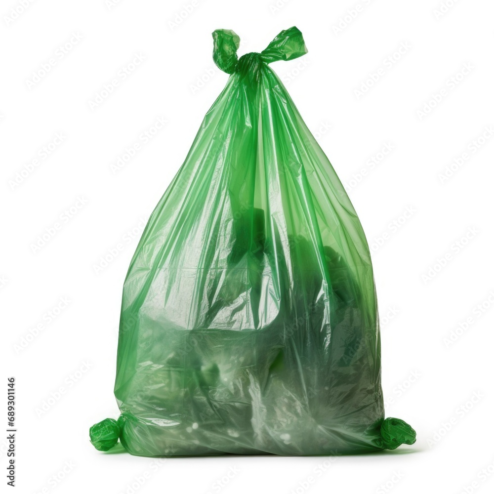 A green plastic bag filled with lots of green stuff. A green plastic bag filled with lots of green stuff.