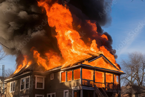 house on fire, flames out of windows, smoke