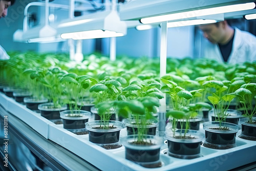 Hydroponics lab room on spacecraft. Organic laboratory scientists and biologists testing plants quality. Farm of the Future and agricultural laboratory concept. New methods of plant breeding