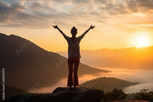 Lifestyle woman yoga exercise and pose for healthy life. Young girl or people pose balance body vital zen and meditation for workout nature mountain background in morning day. Copy space for banner.