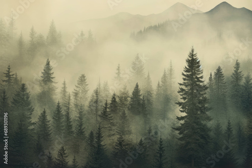 Misty landscape with fir forest in vintage retro style © Mayava