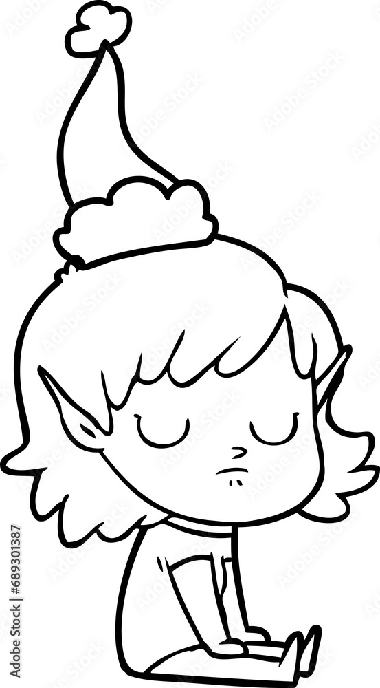 hand drawn line drawing of a elf girl wearing santa hat hand drawn line drawing of a elf girl wearing santa hat