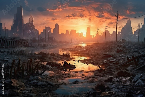 Post-apocalyptic abandoned city. Destroyed buildings, burning rubble, polluted water and air. Devastated remains of post-apocalyptic terrain
