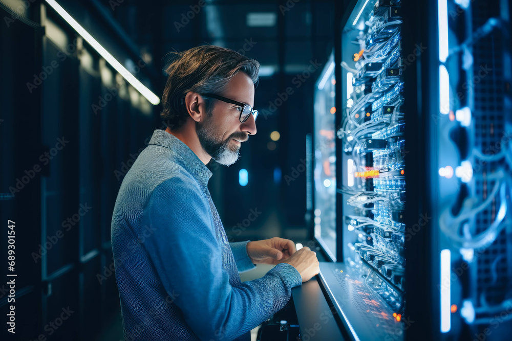 engineer working in the server room/researcher working in the lab with ...