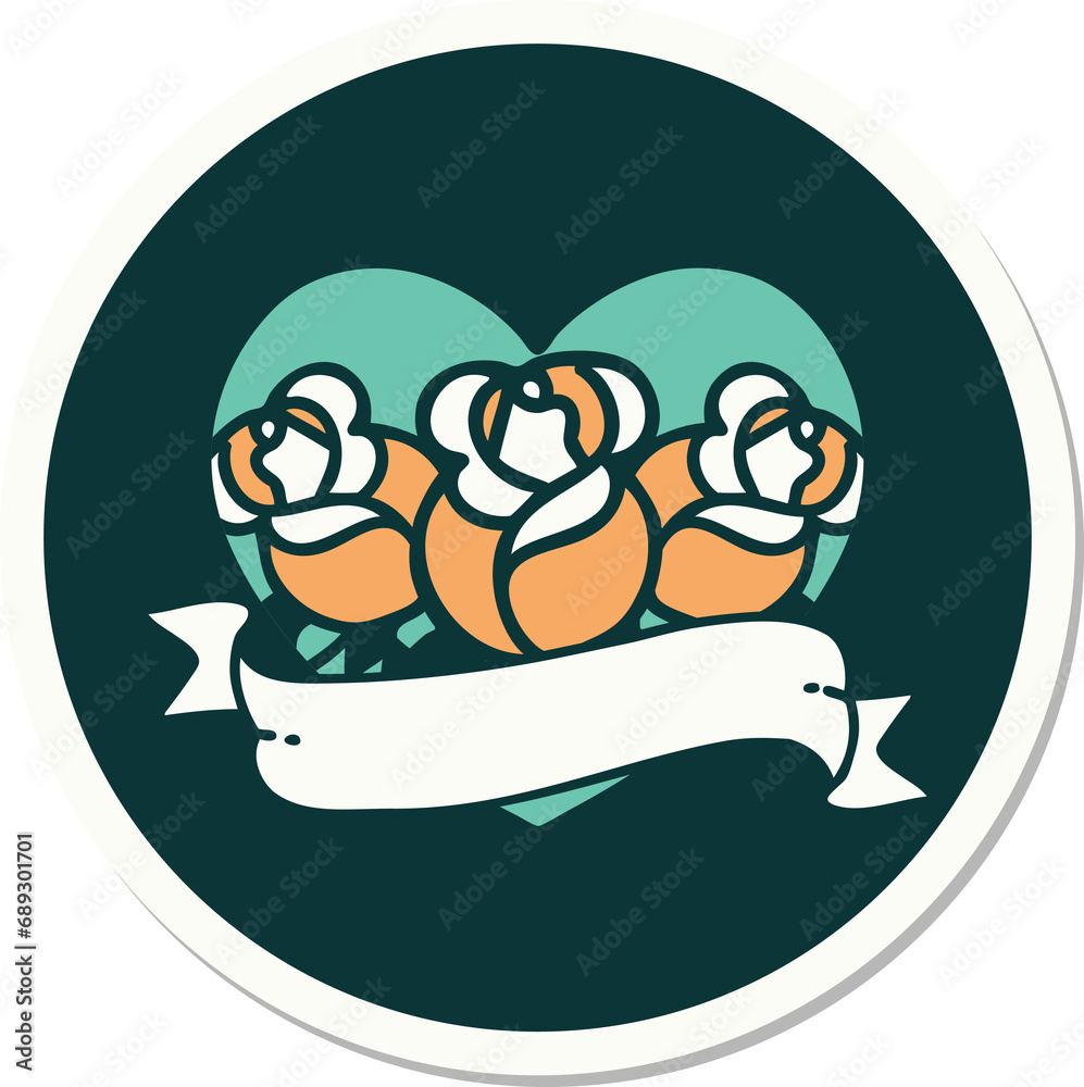 Obraz premium sticker of tattoo in traditional style of a heart and banner with flowers
