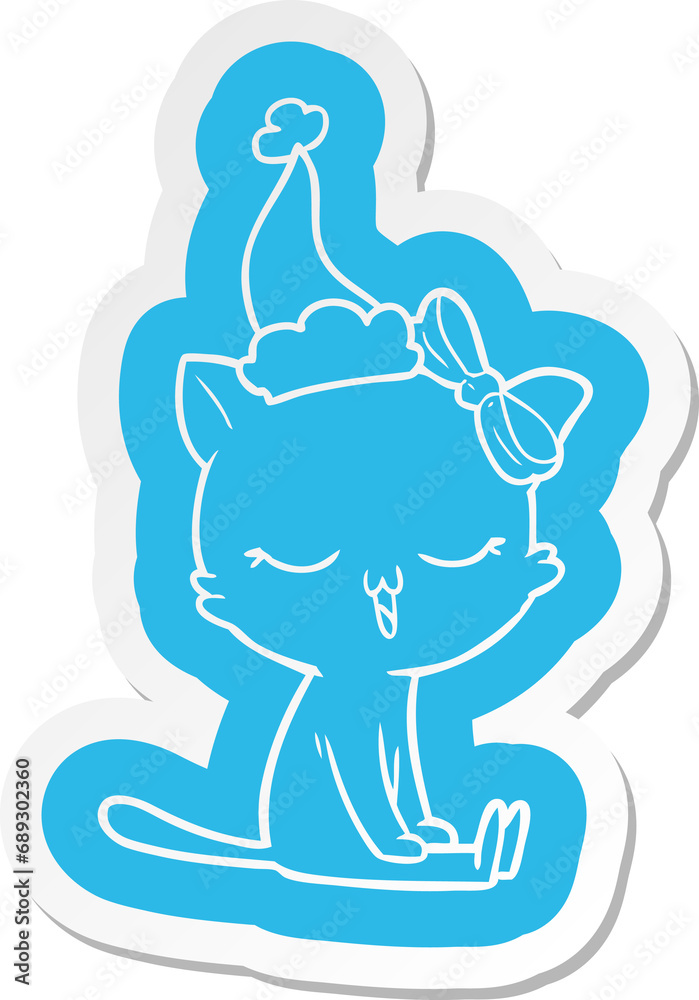 Obraz premium quirky cartoon sticker of a cat with bow on head wearing santa hat