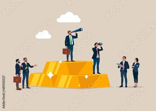 Business team with binoculars on stack of gold bar bullion. Vision plan and perspective. Investment, wealth management. Vector illustration.