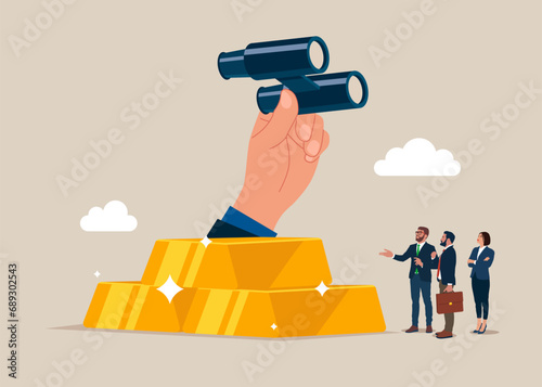 Big hand with binoculars looking for outlook. Achieve financial goal. Flat vector illustration