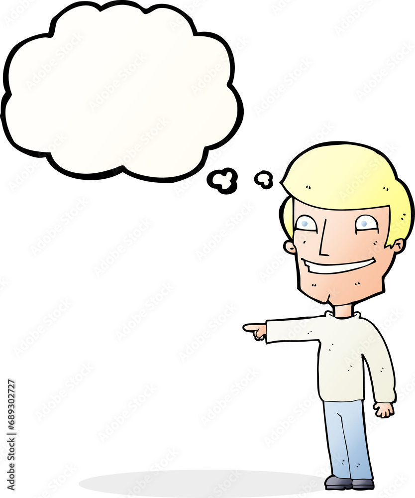 cartoon happy man pointing with thought bubble cartoon happy man pointing with thought bubble