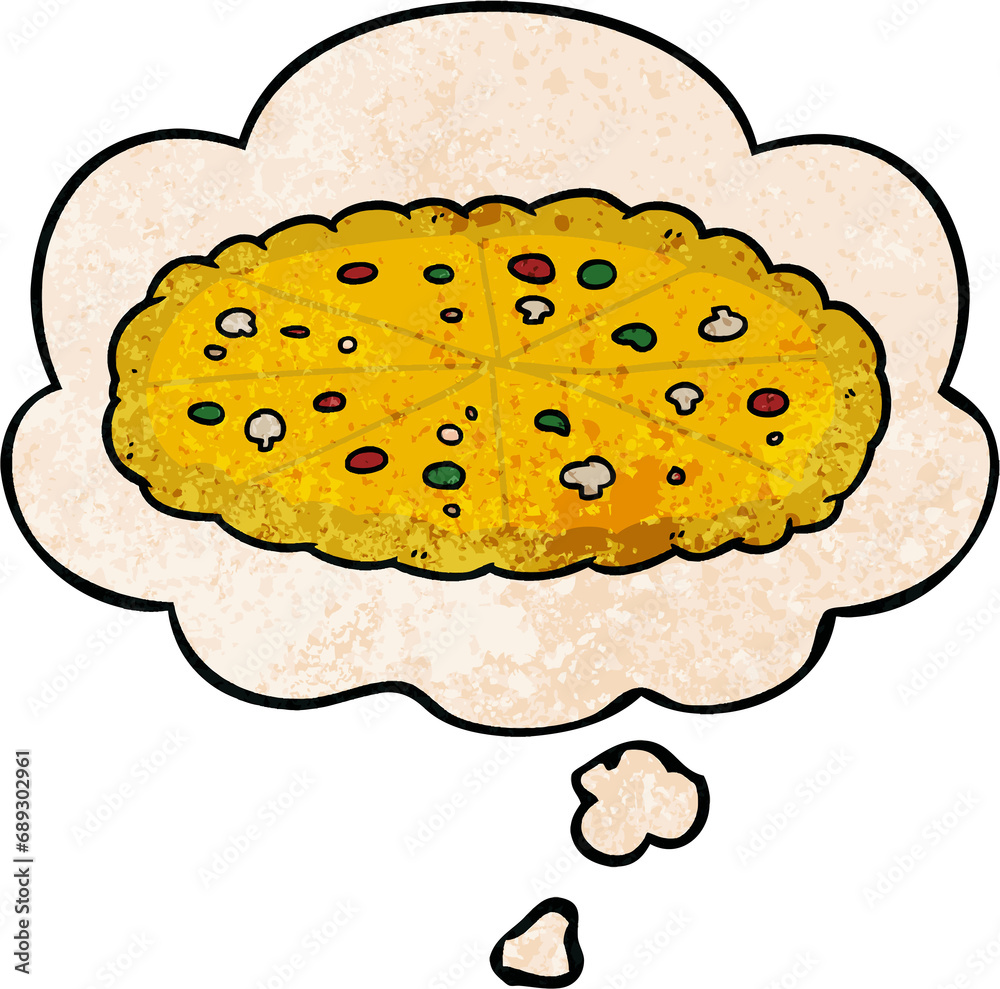 cartoon pizza with thought bubble in grunge texture style cartoon pizza with thought bubble in grunge texture style