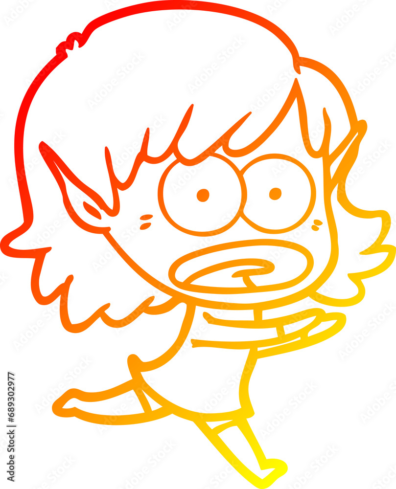 warm gradient line drawing of a cartoon shocked elf girl