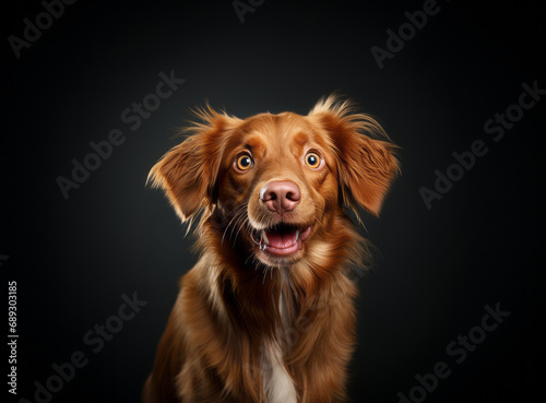 Portrait of a cute dog on a dark background. Adorable Nova Scotia duck tolling Retriever. Funny pet isolated on black. Funny New Scotland Retriever, toller puppy. photo