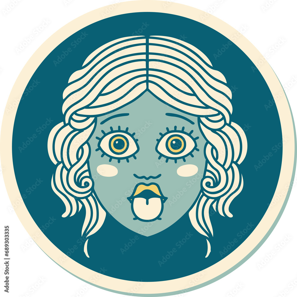 sticker of tattoo in traditional style of female face sticking out tongue sticker of tattoo in traditional style of female face sticking out tongue