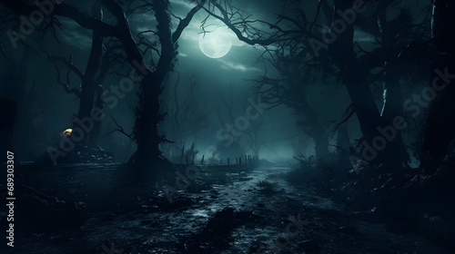 haunted forest creepy landscape at night.