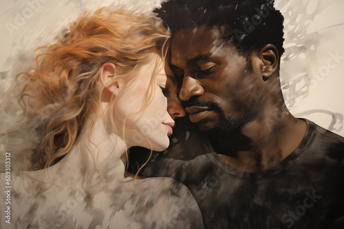 Interracial couple in love - abstract painting with brush strokes - pretty red haired white woman in love with a black man photo