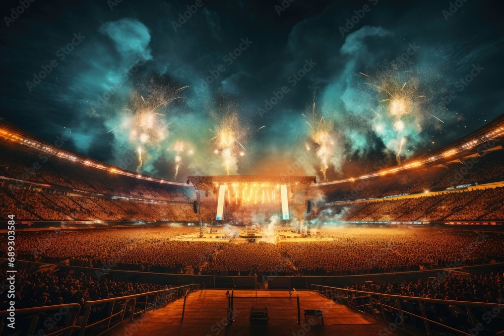 Stadium lights and fireworks with crowd of people at night in the background, A live event, such as a concert or halftime show, taking place at a sports stadium, AI Generated