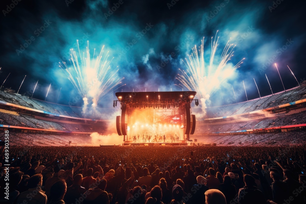 Concert crowd in front of a big stage with fireworks in the night, A live event, such as a concert or halftime show, taking place at a sports stadium, AI Generated - obrazy, fototapety, plakaty 