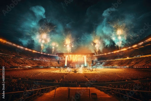 Stadium lights and fireworks with crowd of people at night in the background, A live event, such as a concert or halftime show, taking place at a sports stadium, AI Generated