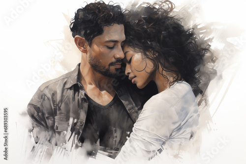 Interracial couple in love - abstract painting with brush strokes - Latino man embracing a pretty dark skinned woman with wavy black hair photo