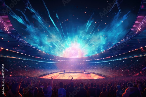 Concert crowd in front of a large stage with lights and smoke, A live event, such as a concert or halftime show, taking place at a sports stadium, AI Generated