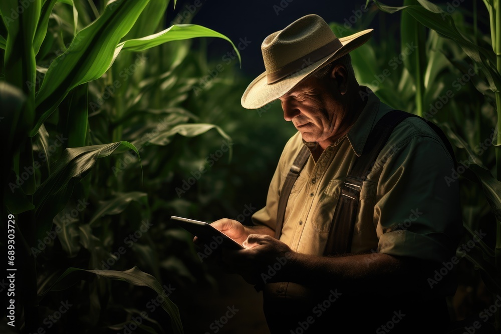 Portrait of senior farmer using tablet computer in corn field at night, A modern farmer in a corn field using a digital tablet, AI Generated Portrait of senior farmer using tablet computer in corn field at night, A modern farmer in a corn field using a digital tablet, AI Generated