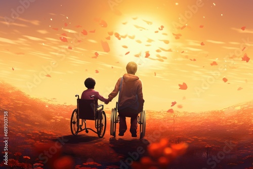 Fotografia Conceptual image of disabled person in wheelchair with his father at sunset, A m