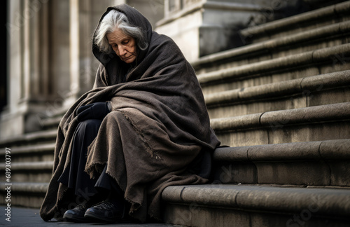A tired old beggar woman sits on a street and waiting for someone to put money or food and water. Elderly sad woman begging on stairs. Concept of hopelessness, alms and problem of older alone people.