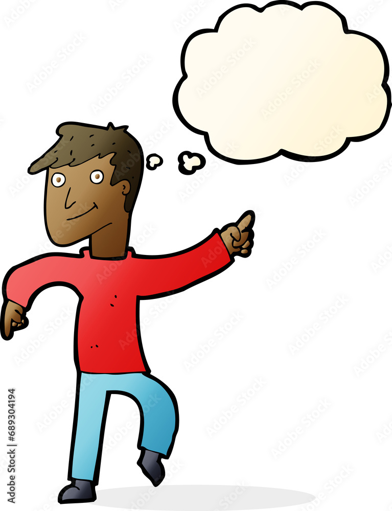 cartoon happy man pointing with thought bubble cartoon happy man pointing with thought bubble