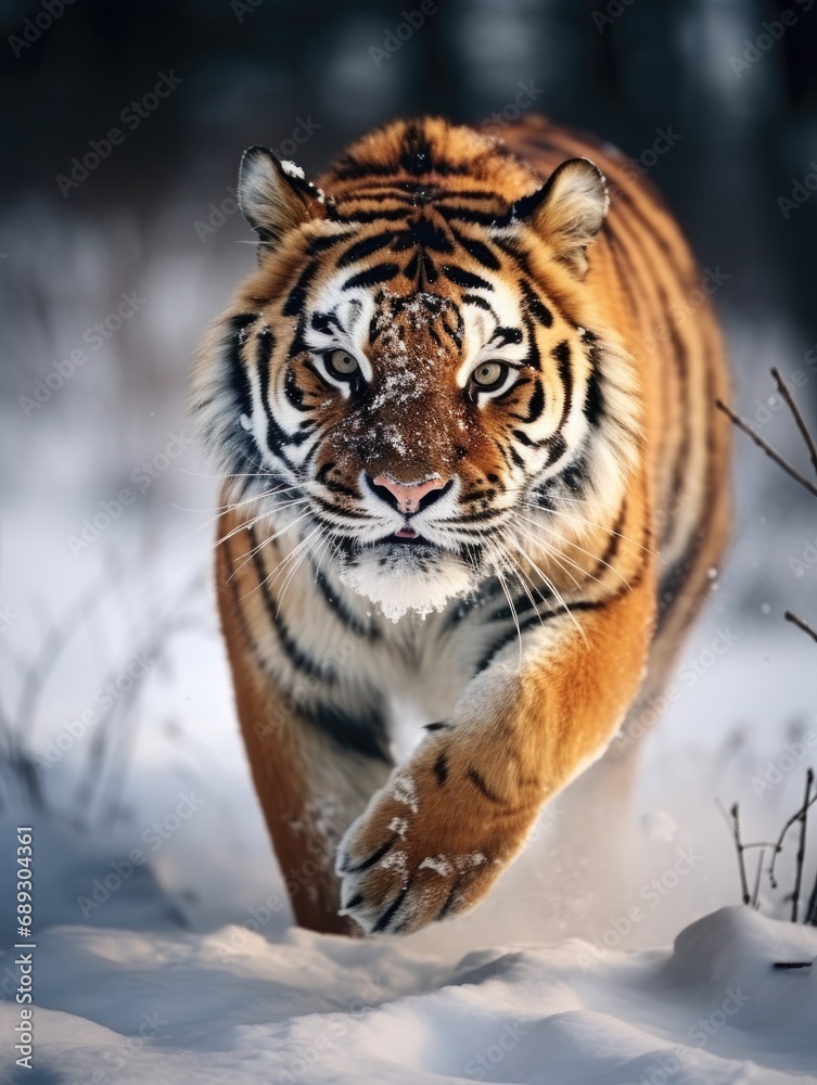 Obraz premium Tiger in wild winter nature. Amur tiger running in the snow.
