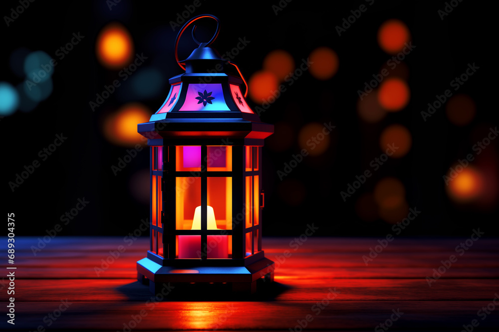a colorful lit lantern sitting on top of a table, 3D, flickering light, glowing lights