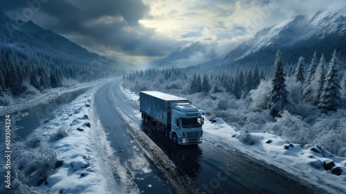Truck on the road in the winter forest at sunset. 3d rendering. Aerial view of a truck moving on the winter road with wet surface and snow. Transport concept. Ai generative
