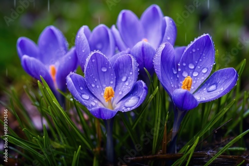 Spring flowers of blue crocuses with drops of water