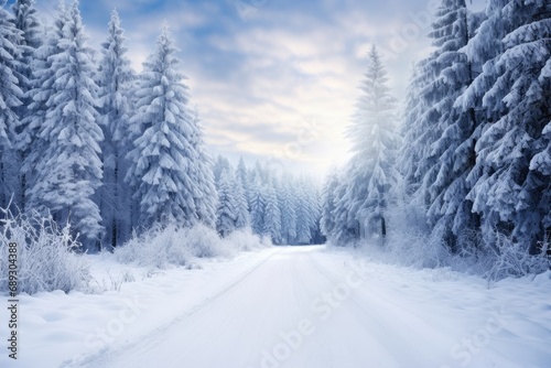 Automobile road through a winter forest covered with snow.