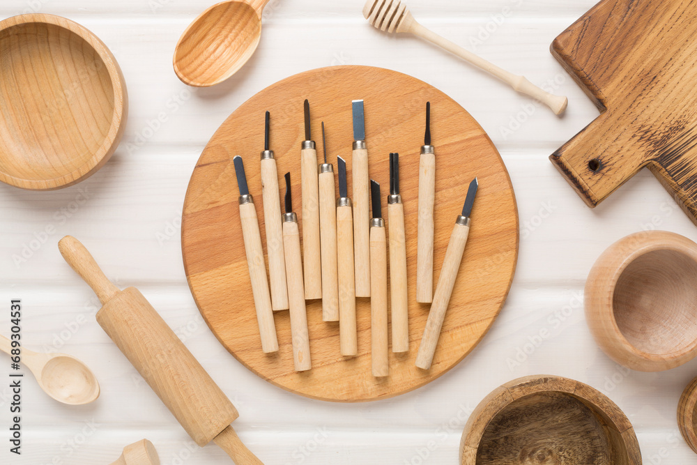 Carpenter tools with wooden objects on table ,top view Carpenter tools with wooden objects on table ,top view