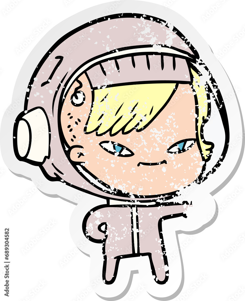 distressed sticker of a cartoon astronaut woman distressed sticker of a cartoon astronaut woman