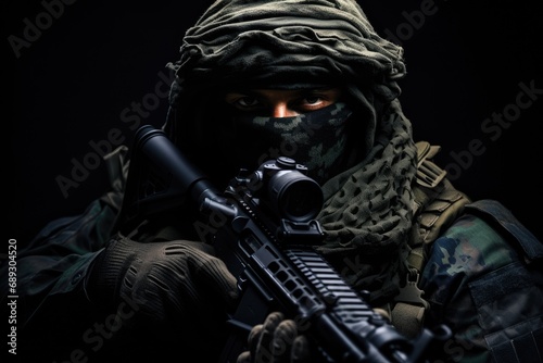 Portrait of a special forces soldier with assault rifle on dark background, A fully equipped soldier in a tactical net scarf and with a sniper rifle, black background, anonymous face, AI Generated