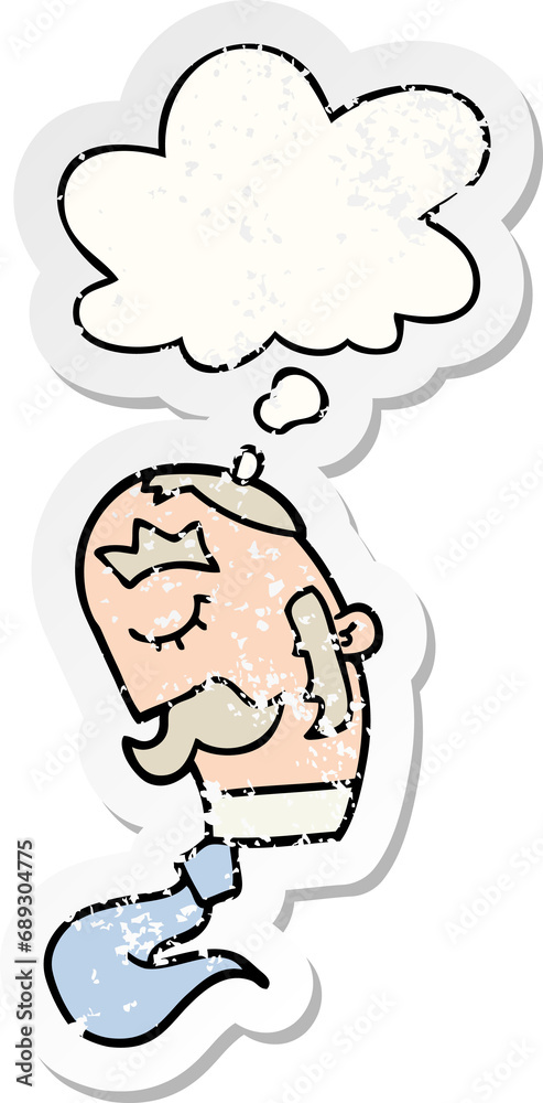 cartoon man with mustache with thought bubble as a distressed worn sticker