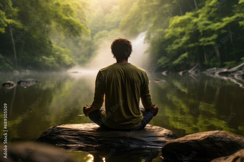 Man sitting in lotus position on the cliff and looking into the misty valley, A man practicing mindfulness and meditation in a peaceful natural environment, AI Generated