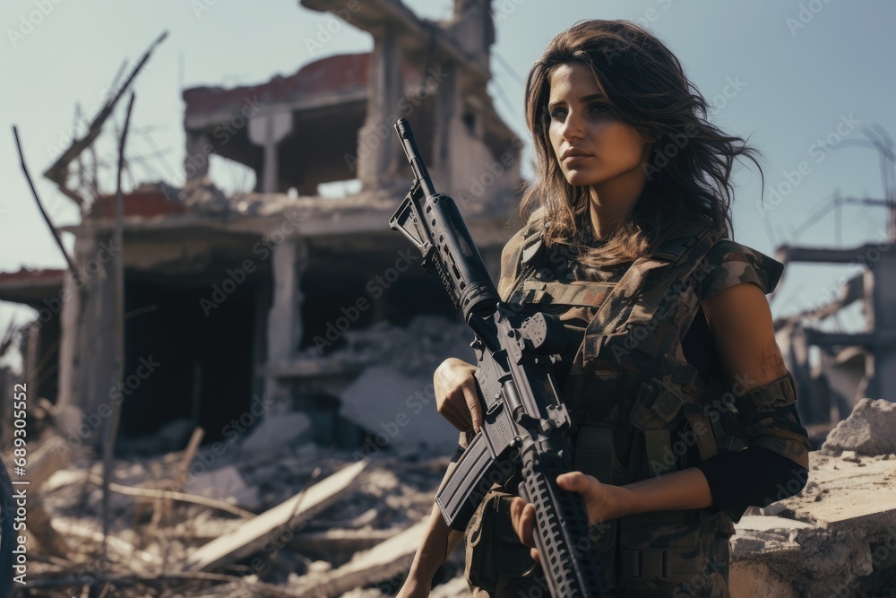 Beautiful girl in military uniform with a machine gun on ruins, A military woman with an assault rifle standing in front of a broken building on a battlefield, AI Generated