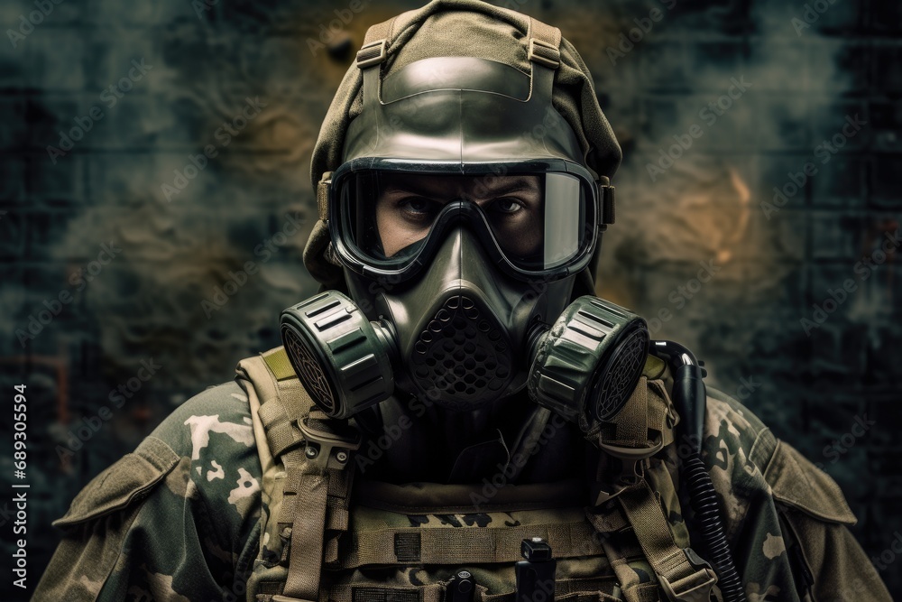 Portrait of a special forces soldier in gas mask. Military concept, A modern elite soldier fully geared up with special equipment, face covered with a gas mask, AI Generated Portrait of a special forces soldier in gas mask. Military concept, A modern elite soldier fully geared up with special equipment, face covered with a gas mask, AI Generated