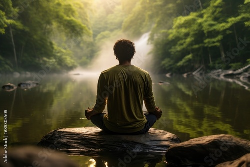 Man sitting in lotus position on the cliff and looking into the misty valley, A man practicing mindfulness and meditation in a peaceful natural environment, AI Generated © Iftikhar alam