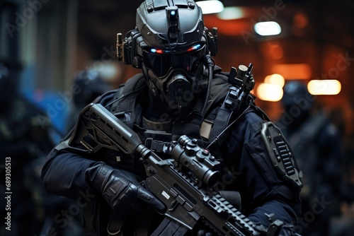 Special forces soldier in black uniform with assault rifle and machine gun  A military special force with futuristic tactical gear and weapons  AI Generated