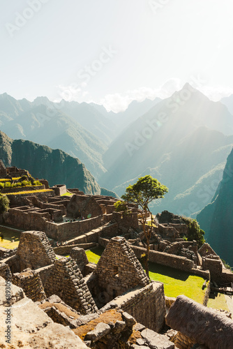 ruins at Machu Picchu the old inca city in Peru at sunrise 