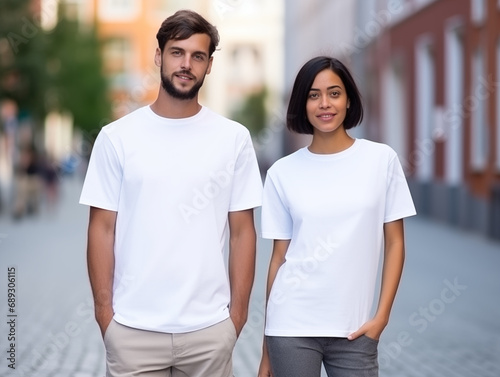 A couple boyfriend and girlfriend wearing blank white matching t-shirts mockup for design template © Pemika