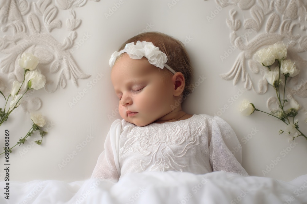 Cute little baby girl sleeping on white bed with white flowers, A newborn baby sleeping on a white bed, AI Generated Cute little baby girl sleeping on white bed with white flowers, A newborn baby sleeping on a white bed, AI Generated