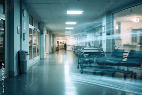 Interior of a hospital corridor with empty trolleys in motion blur  A motion blurred photograph of a hospital interior  AI Generated