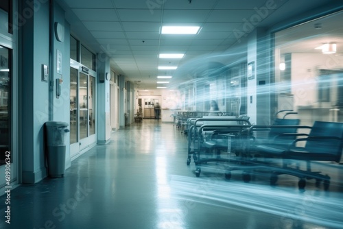 Interior of a hospital corridor with empty trolleys in motion blur, A motion blurred photograph of a hospital interior, AI Generated