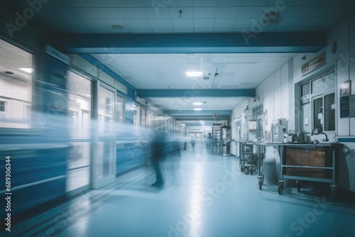 Interior of a hospital corridor with blurred people walking in motion blur, A motion blurred photograph of a hospital interior, AI Generated